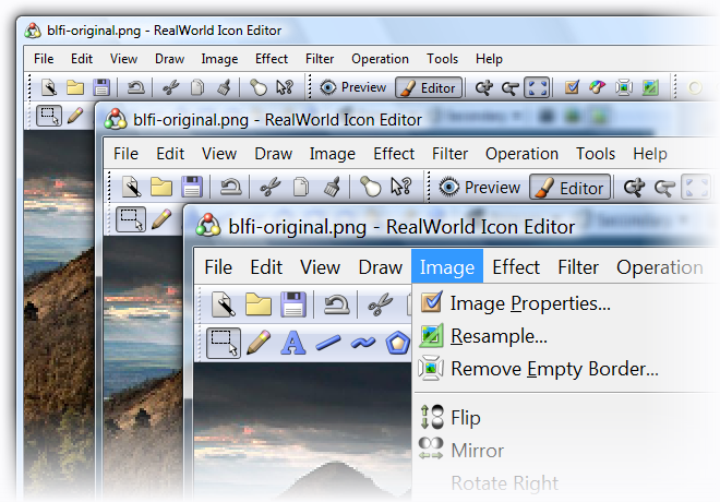 RealWorld Icon Editor in 96, 120, and 144 DPI running on Windows Vista.