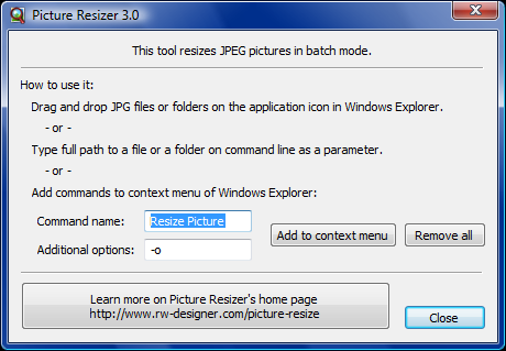 Resize pictures in batches from context menu.