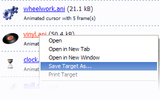 Right-click on cursor name to download it
