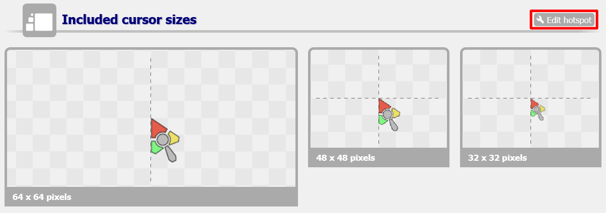 A screenshot of the Included cursor sizes section on a cursor's page. The Edit hotspot button is outlined in red. A screenshot of the Included cursor sizes section on a cursor's page. The Edit hotspot button is outlined in red. image