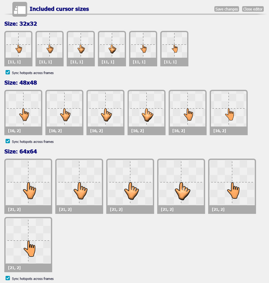 A screenshot of an animated cursor's hot spot being edited on it's cursor page. Sync hotspots across frames is enabled. A screenshot of an animated cursor's hot spot being edited on it's cursor page. Sync hotspots across frames is enabled. image