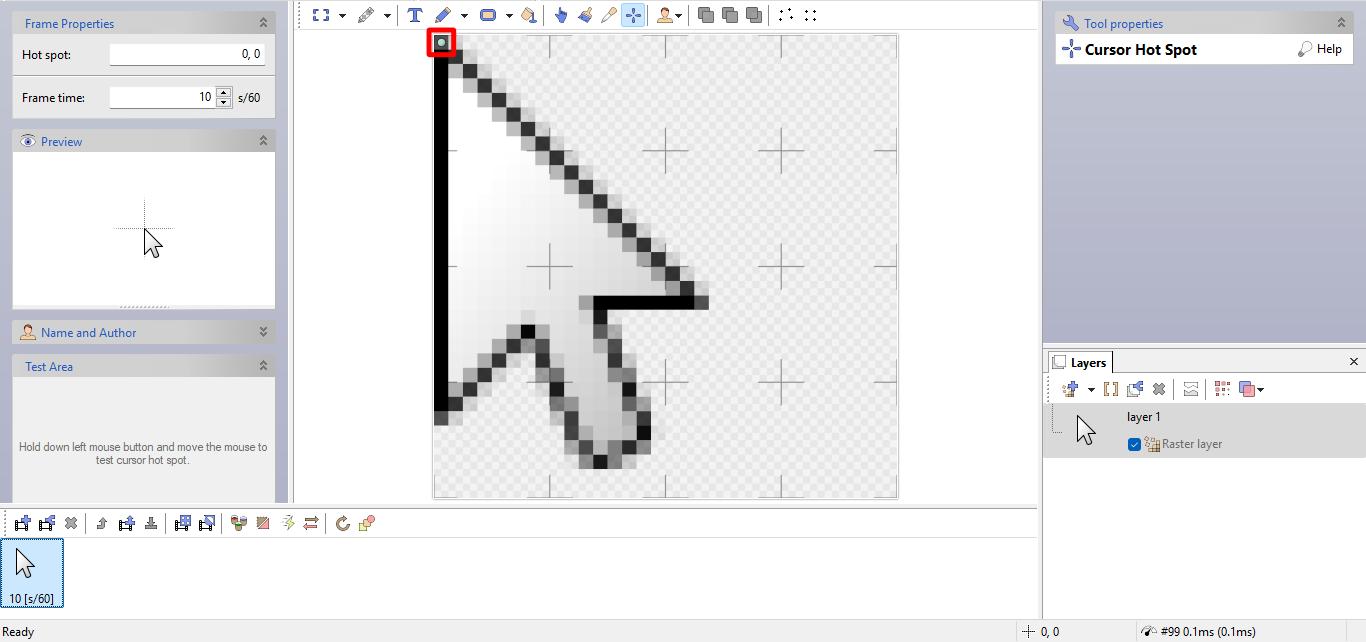 A screenshot of RealWorld Cursor Editor with the hot spot tool selected. The cursor's hot spot (the green dot) is outlined in red. A screenshot of RealWorld Cursor Editor with the hot spot tool selected. The cursor's hot spot (the green dot) is outlined in red. image