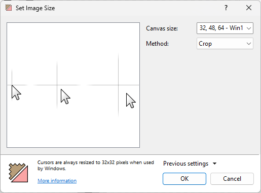 A screenshot of the Set Image Size window with Crop selected. A screenshot of the Set Image Size window with Crop selected.
