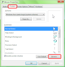 Changing pointers in Mouse properties dialog